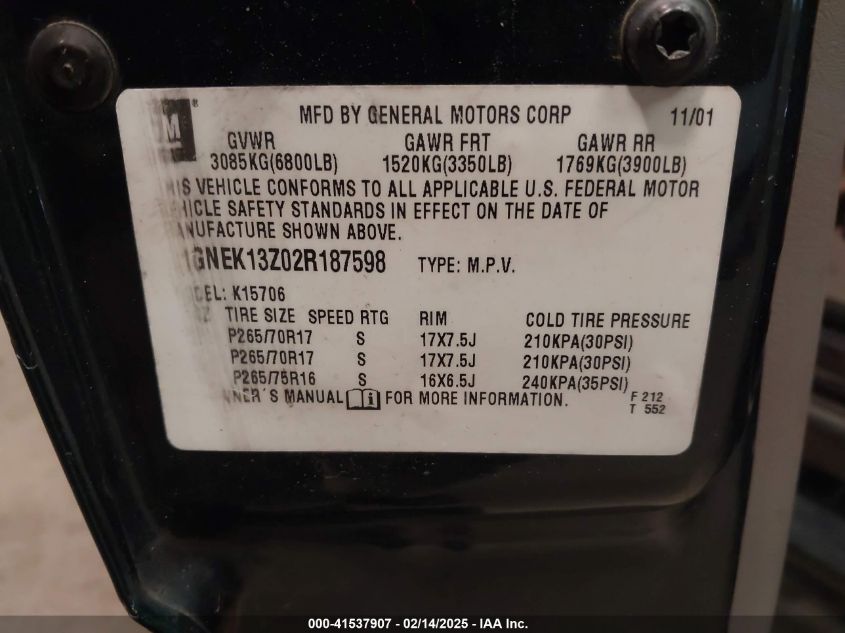 2002 Chevrolet Tahoe Z71 VIN: 1GNEK13Z02R187598 Lot: 41537907