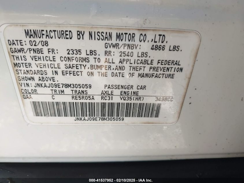 2008 Infiniti Ex35 Journey VIN: JNKAJ09E78M305059 Lot: 41537952