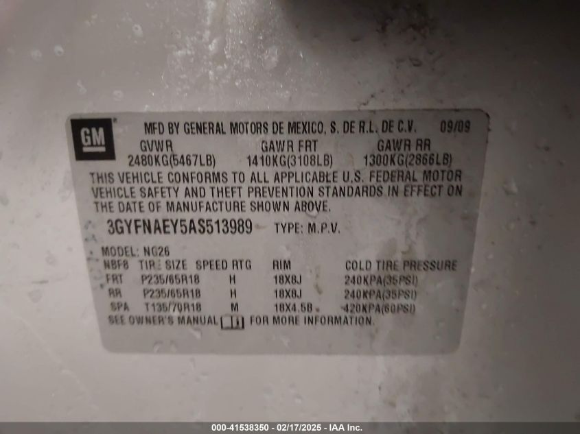 2010 Cadillac Srx Luxury Collection VIN: 3GYFNAEY5A5513989 Lot: 41538350