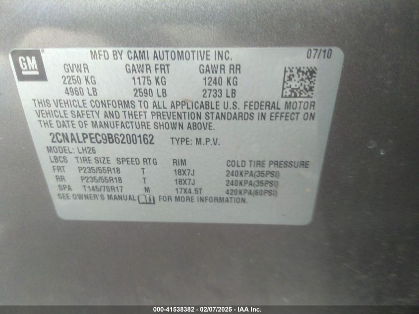 2011 Chevrolet Equinox 2Lt VIN: 2CNALPEC9B6200162 Lot: 41538382