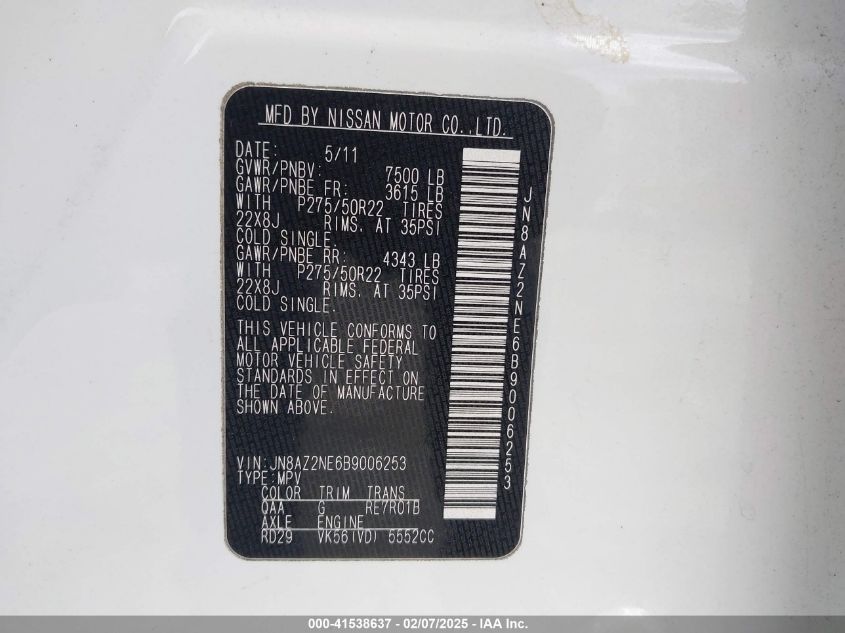 2011 Infiniti Qx56 VIN: JN8AZ2NE6B9006253 Lot: 41538637