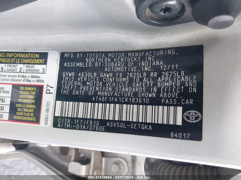 2012 TOYOTA CAMRY VIN: 4T4BF1FK1CR183610