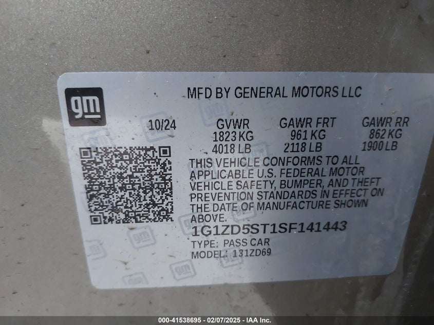 2025 CHEVROLET MALIBU VIN: 1G1ZD5ST1SF141443