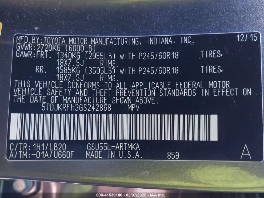 2016 Toyota Highlander Xle V6 VIN: 5TDJKRFH3GS242868 Lot: 41539100