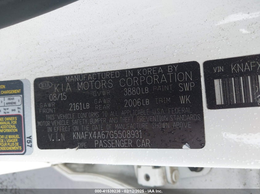 2016 KIA FORTE VIN: KNAFX4A67G5508931