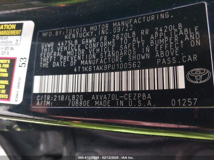 2023 TOYO CAMRY XSE AUTOMATIC VIN: 4T1K61AK9PU100562