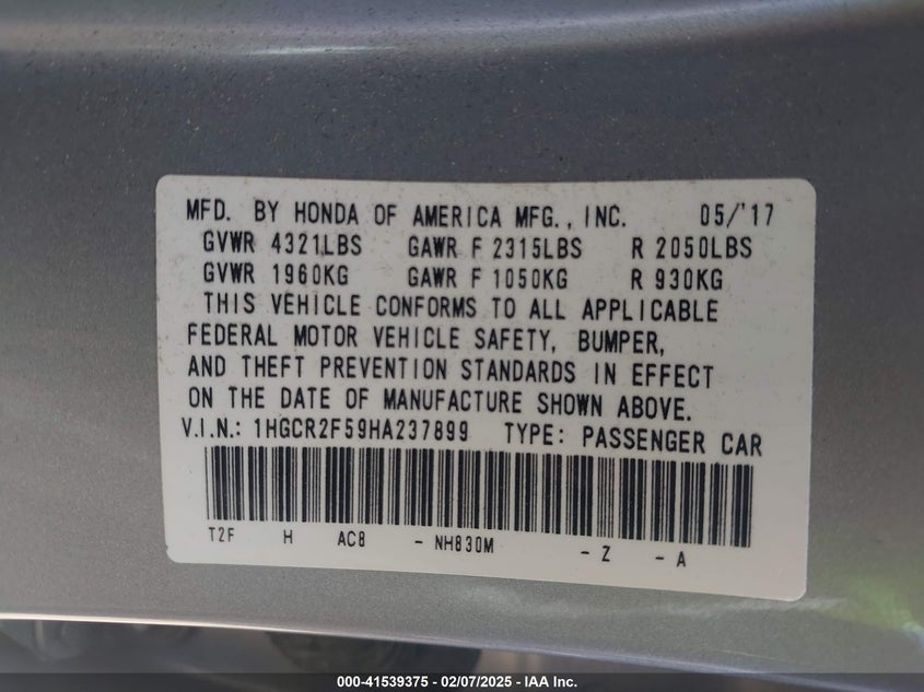 2017 HONDA ACCORD VIN: 1HGCR2F59HA237899