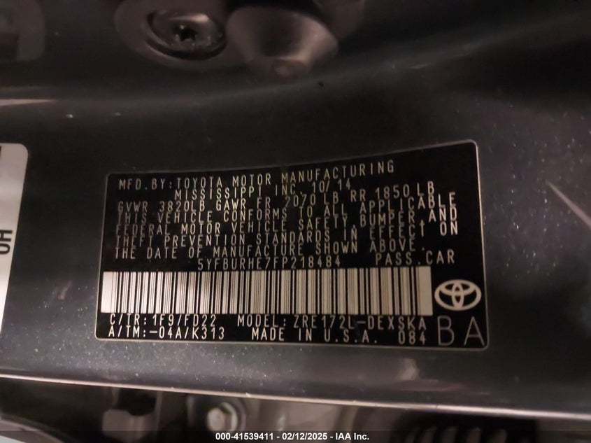 2015 TOYOTA COROLLA VIN: 5YFBURHE7FP218484