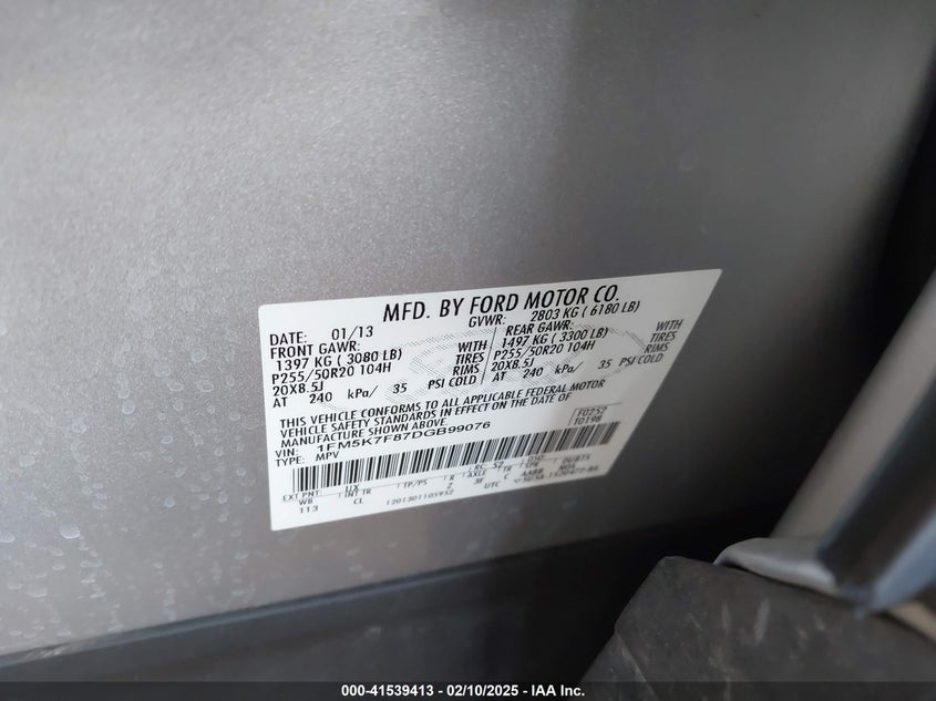 2013 FORD EXPLORER VIN: 1FM5K7F87DGB99076