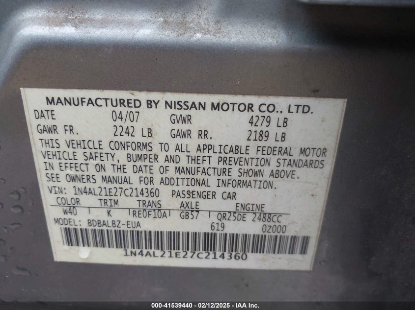 2007 NISSAN ALTIMA VIN: 1N4AL21E27C214360