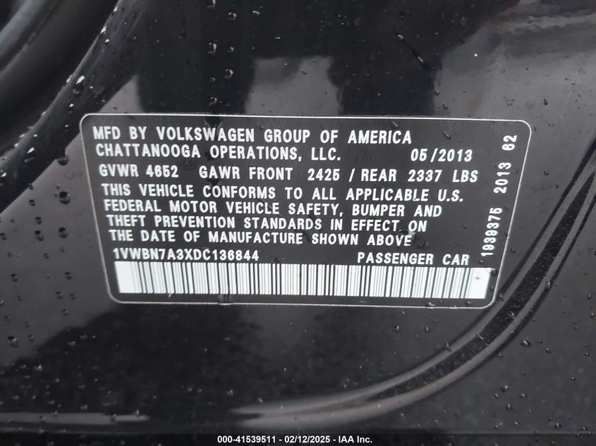 2013 VOLKSWAGEN PASSAT VIN: 1VWBN7A3XDC136844