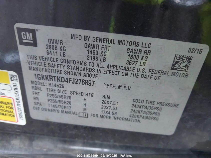 2015 GMC Acadia Denali VIN: 1GKKRTKD4FJ276897 Lot: 41539699