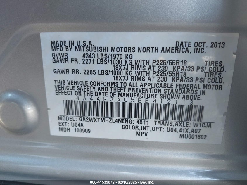 2014 Mitsubishi Outlander Sport Es VIN: 4A4AR3AU5EE012113 Lot: 41539872