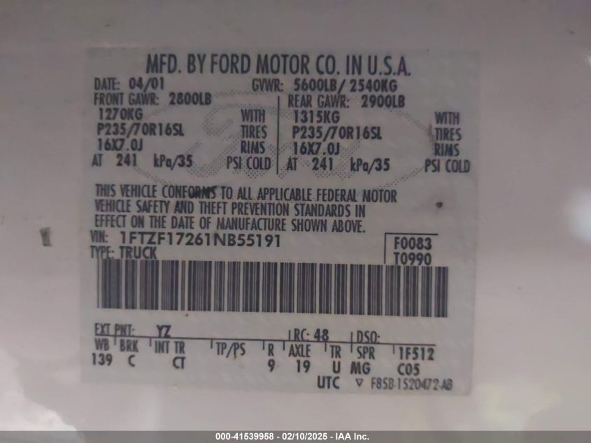 2001 Ford F150 VIN: 1FTZF17261NB55119 Lot: 41539958