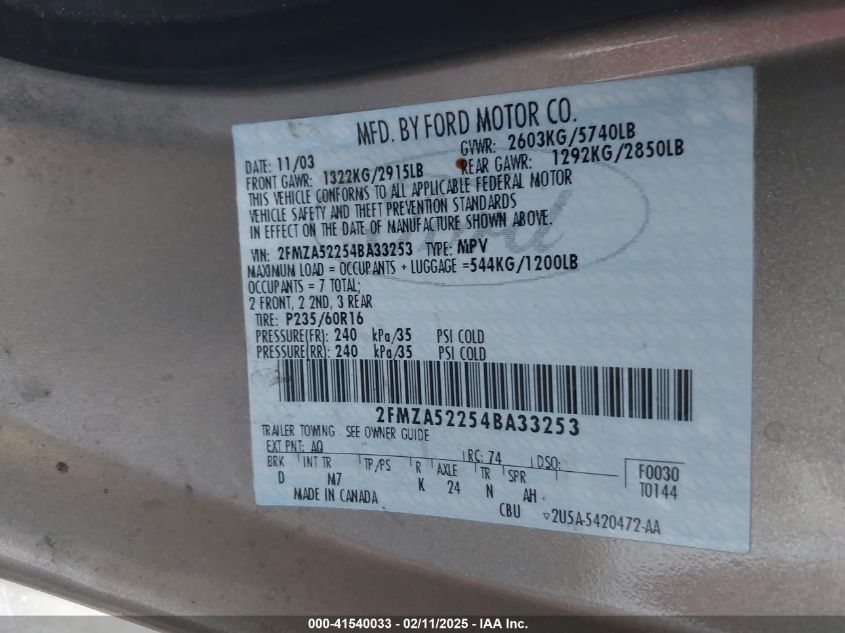 2004 Ford Freestar Sel VIN: 2FMZA52254BA33253 Lot: 41540033