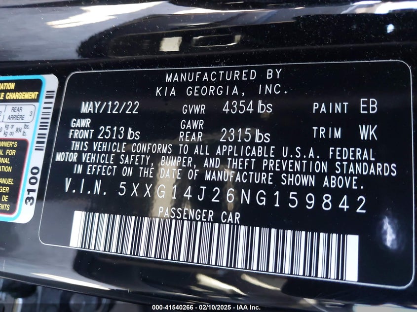 2022 Kia K5 Lxs VIN: 5XXG14J26NG159842 Lot: 41540266