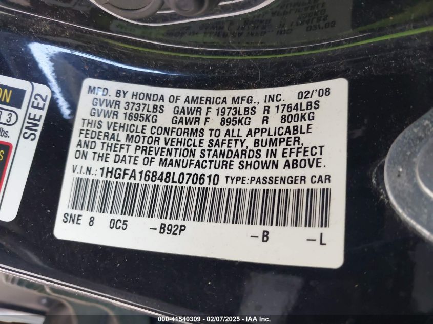 2008 Honda Civic Ex VIN: 1HGFA16848L070610 Lot: 41540309