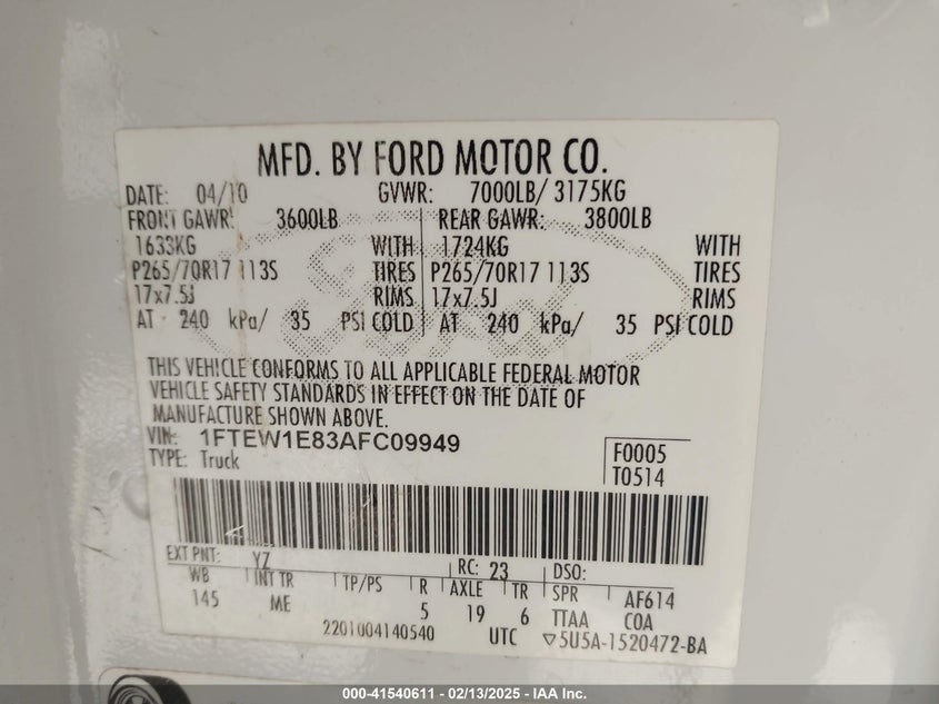 2010 FORD F-150 VIN: 1FTEW1E83AFC09949