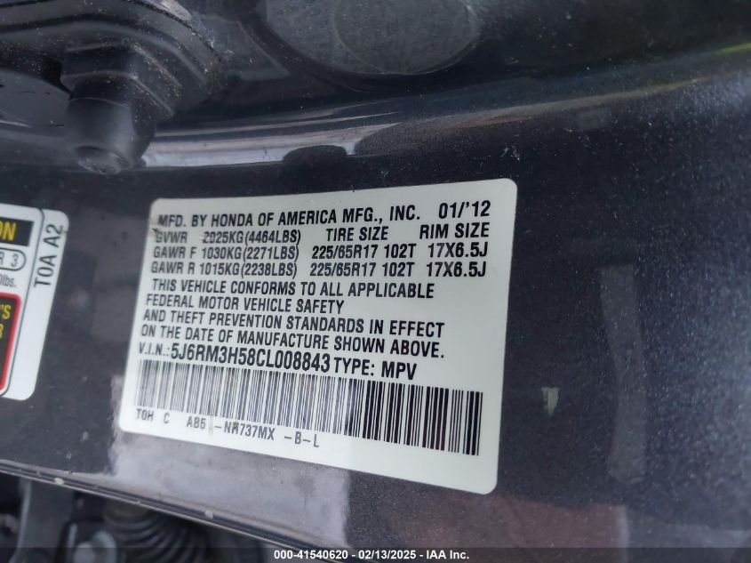 2012 Honda Cr-V Ex VIN: 5J6RM3H58CL008843 Lot: 41540620