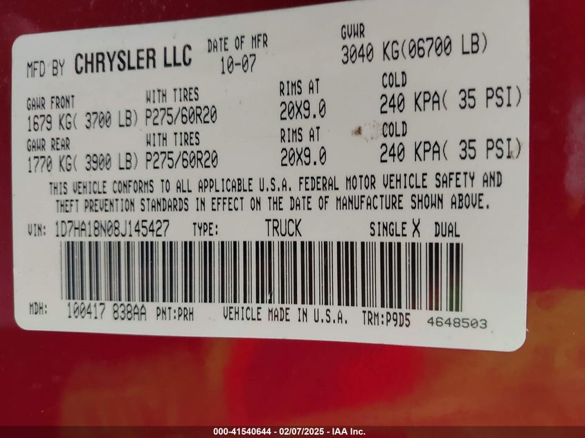 2008 Dodge Ram 1500 Slt VIN: 1D7HA18N08J145427 Lot: 41540644
