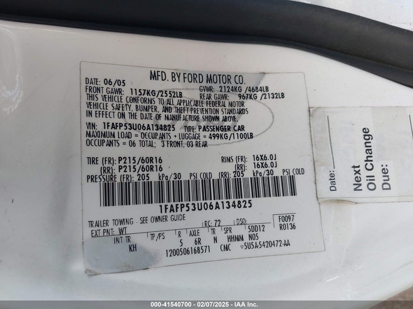 2006 FORD TAURUS VIN: 1FAFP53U06A134825