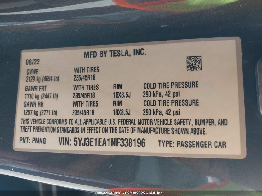 2022 TESLA MODEL 3 U   U(VIN: 5YJ3E1EA1NF338196