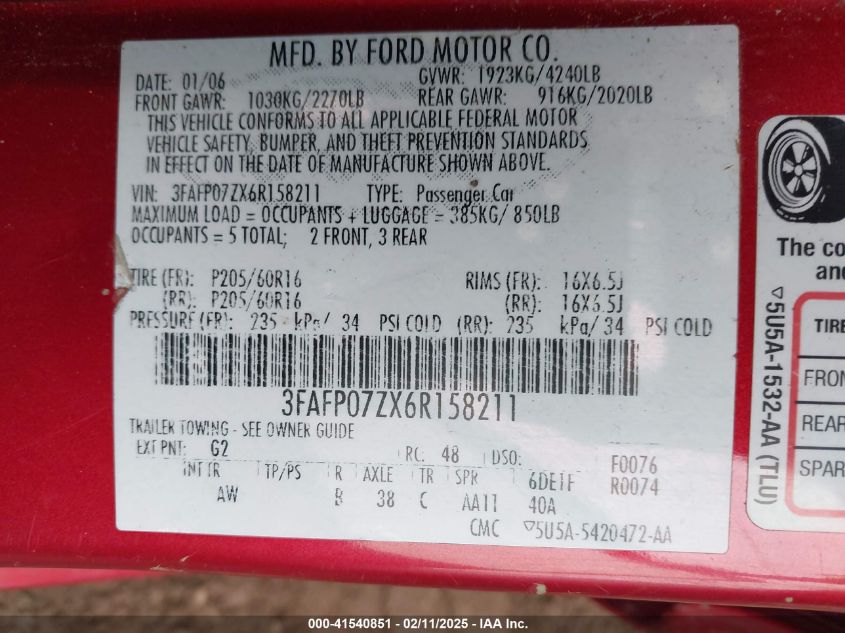 2006 Ford Fusion Se VIN: 3FAFP07ZX6R158211 Lot: 41540851