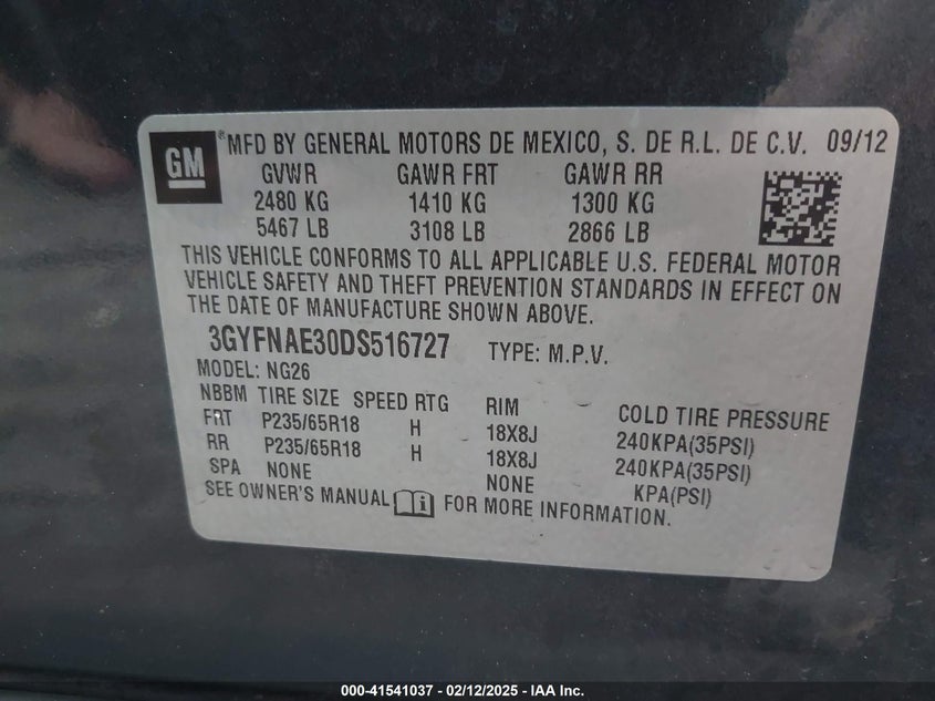 2013 CADILLAC SRX VIN: 3GYFNAE30DS516727