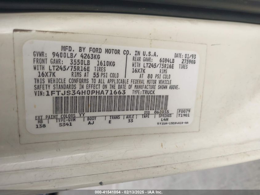 1993 Ford Econoline E350 Super Duty Van VIN: 1FTJS34H0PHA71663 Lot: 41541054