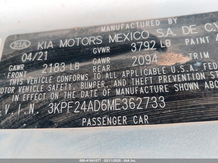 2021 KIA FORTE LXS - 3KPF24AD6ME362733