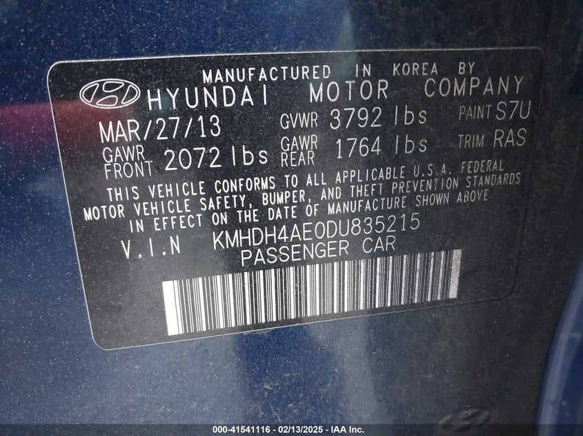 2013 HYUNDAI ELANTRA VIN: KMHDH4AE0DU835215