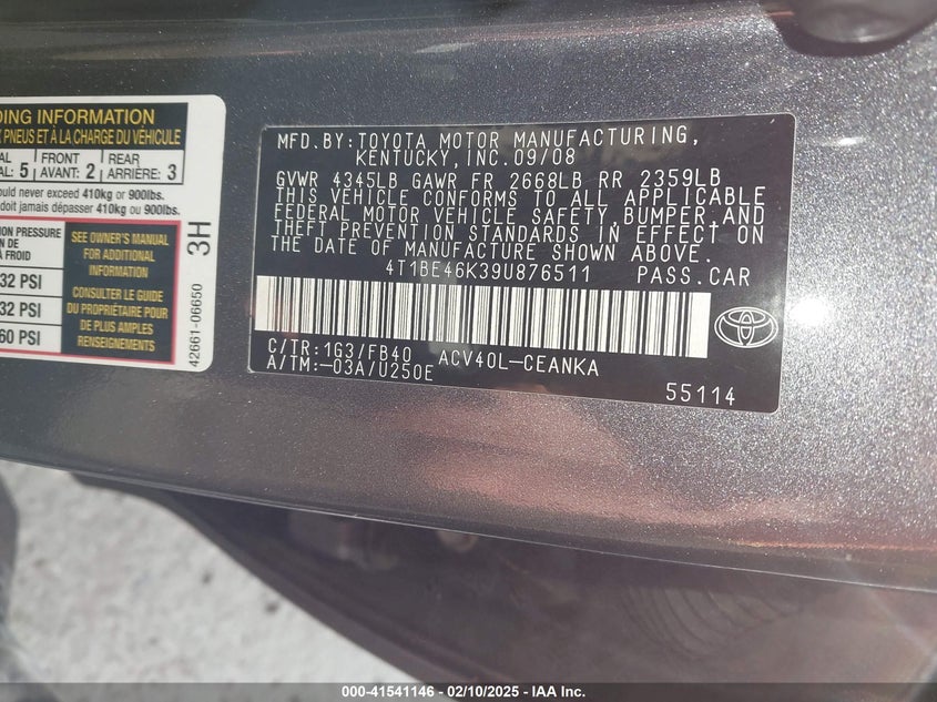 2009 TOYOTA CAMRY VIN: 4T1BE46K39U876511
