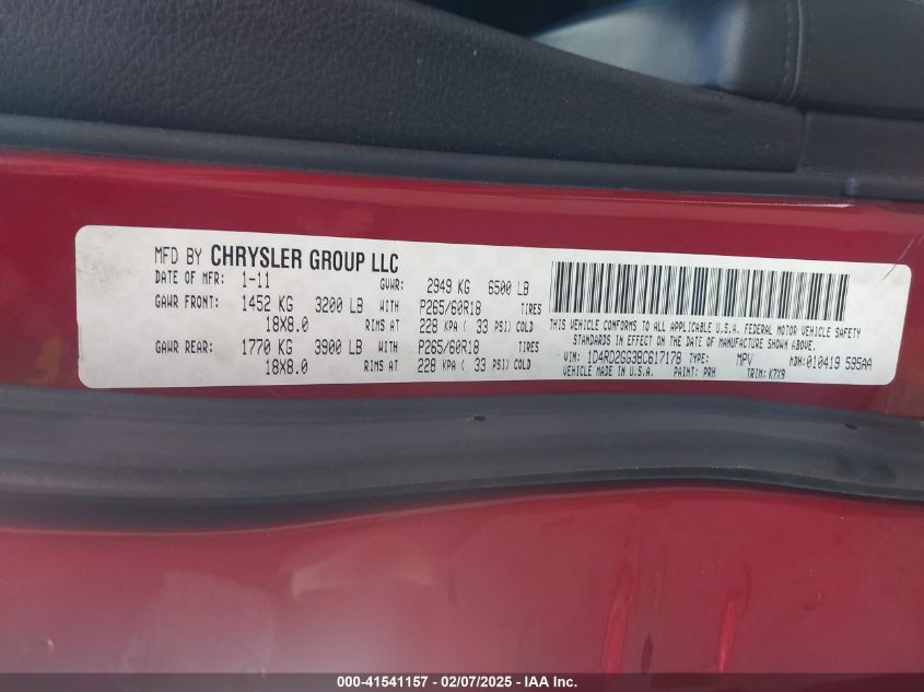 2011 Dodge Durango Express VIN: 1D4RD2GG3BC617178 Lot: 41541157