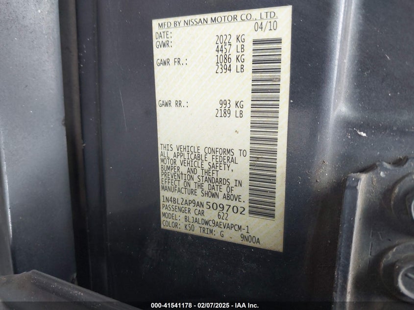 2010 Nissan Altima 2.5 S VIN: 1N4AL2AP7AC131306 Lot: 41541178