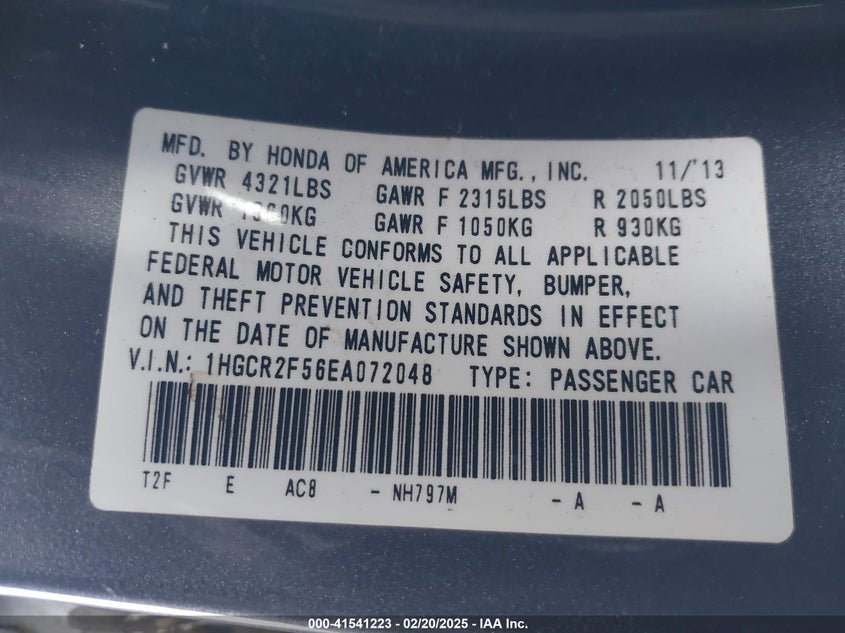 2014 HONDA ACCORD VIN: 1HGCR2F56EA072048