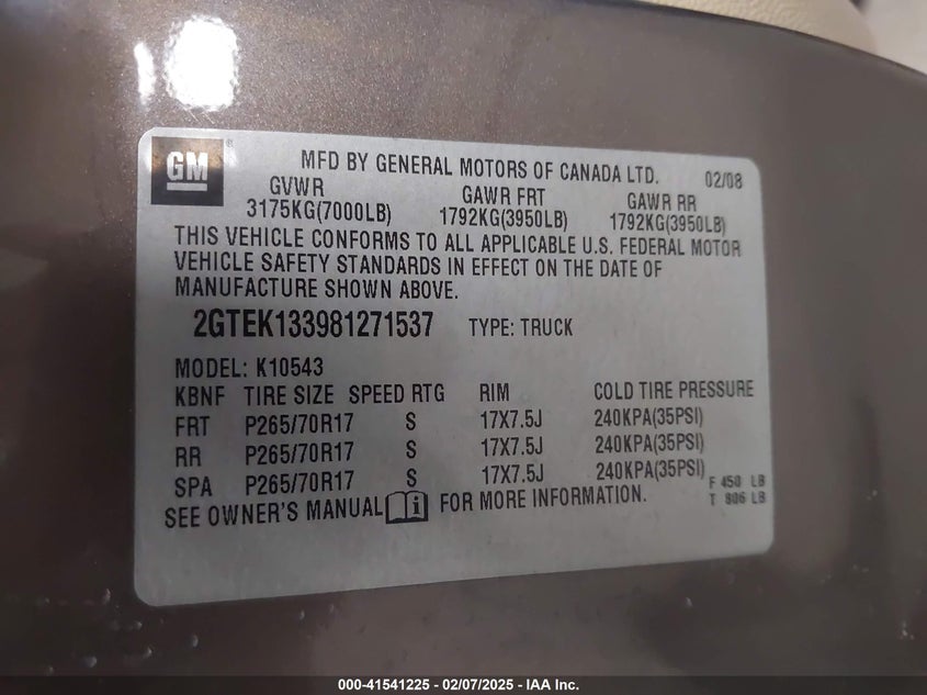 2008 GMC Sierra 1500 Slt VIN: 2GTEK133981271537 Lot: 41541225