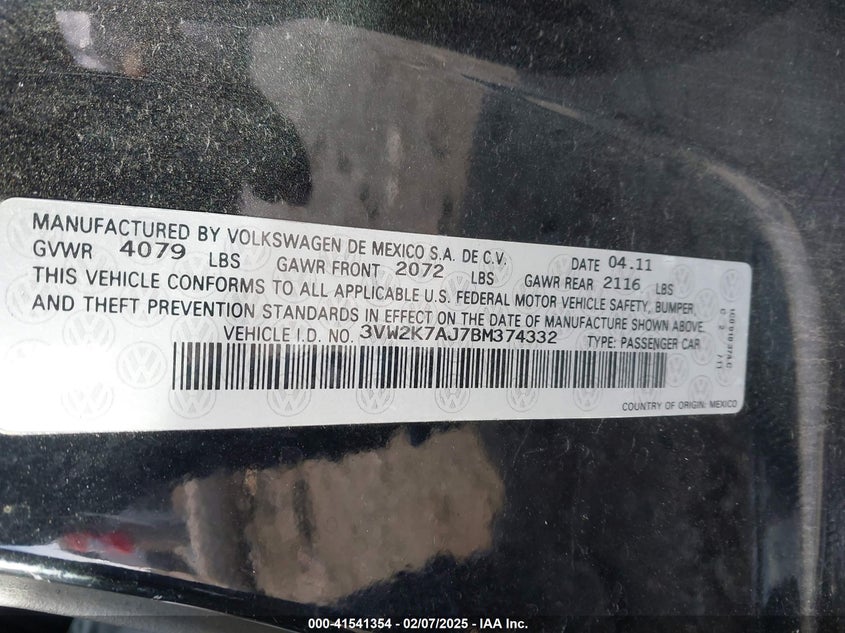 2011 VOLKSWAGEN JETTA VIN: 3VW2K7AJ7BM374332