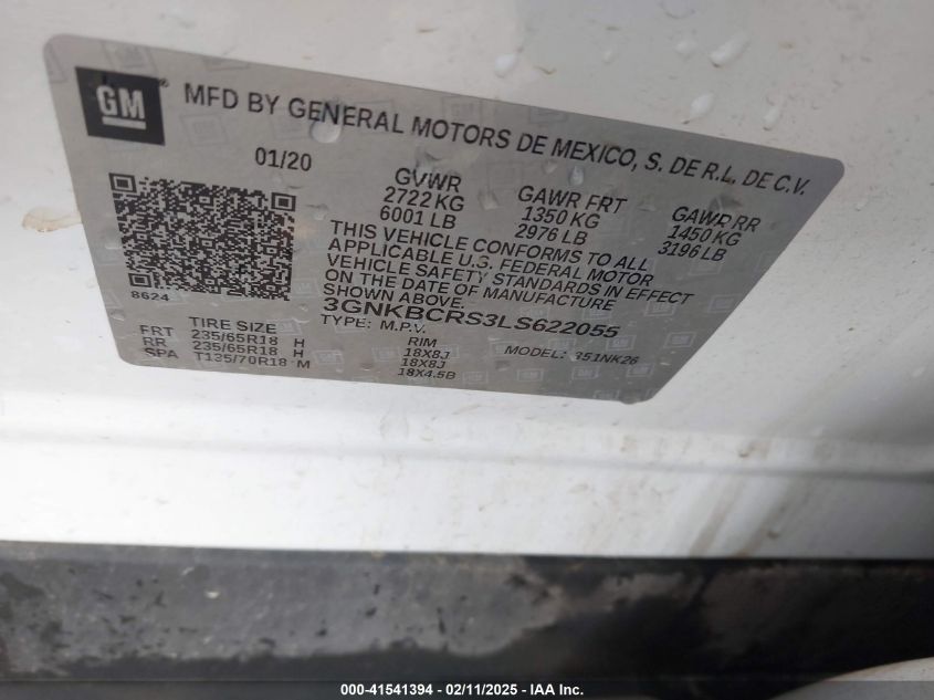 2020 Chevrolet Blazer Fwd 2Lt VIN: 3GNKBCRS3LS622055 Lot: 41541394