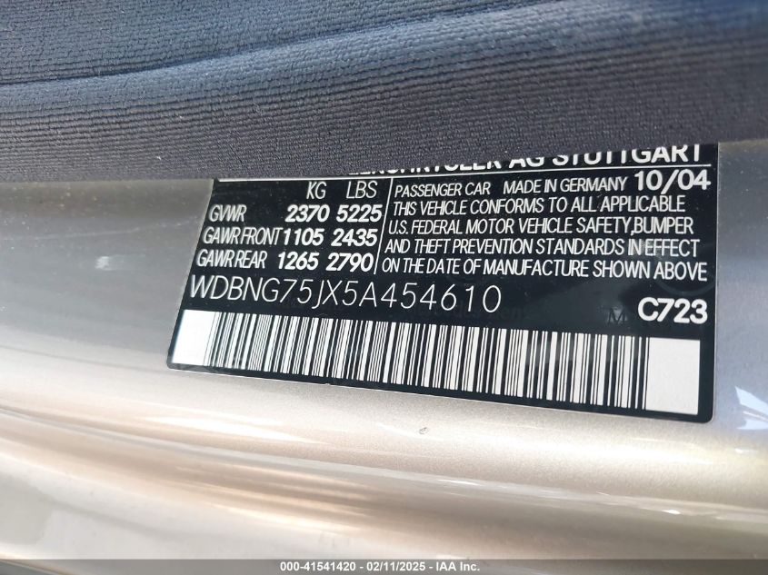 2005 Mercedes-Benz S 500 VIN: WDBNG75JX5A454610 Lot: 41541420