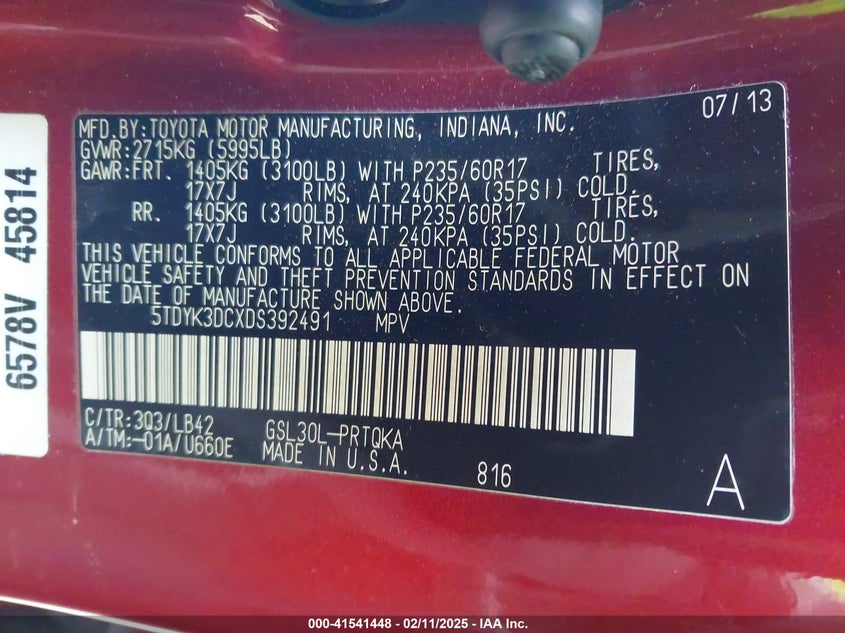 2013 TOYOTA SIENNA VIN: 5TDYK3DCXDS392491