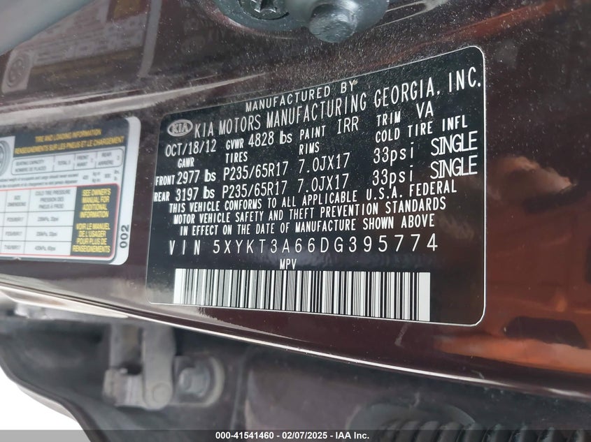 2013 Kia Sorento Lx VIN: 5XYKT3A66DG395774 Lot: 41541460