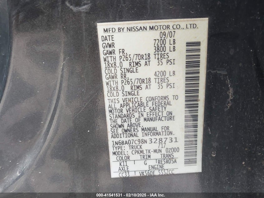 2008 NISSAN TITAN VIN: 1N6BA07C98N328731