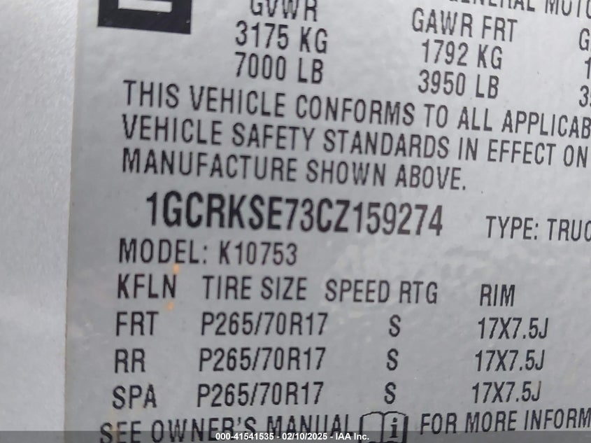 2012 CHEVROLET SILVERADO 1500 VIN: 1GCRKSE73CZ159274