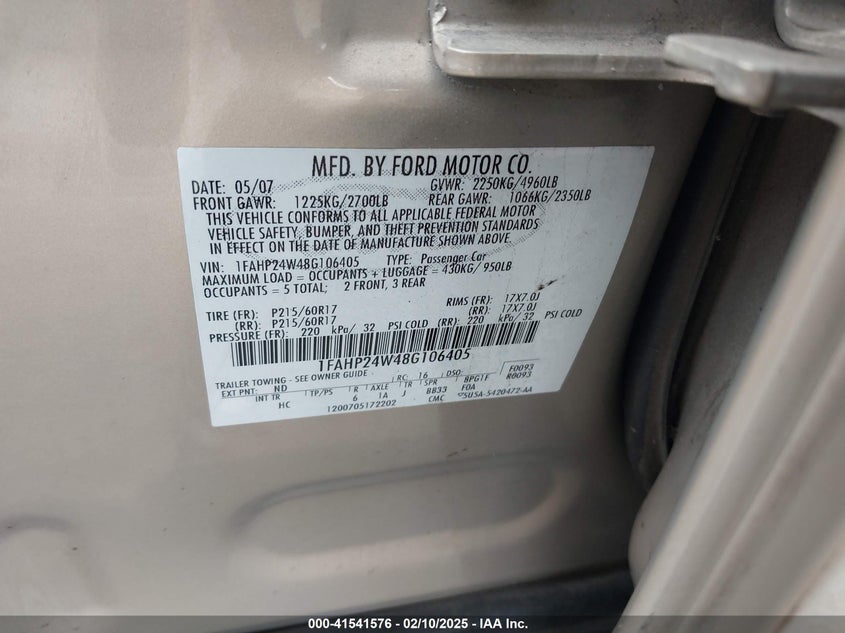 2008 FORD TAURUS VIN: 1FAHP24W48G106405