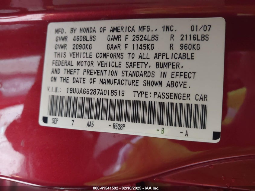 2007 ACURA TL VIN: 19UUA66287A018519