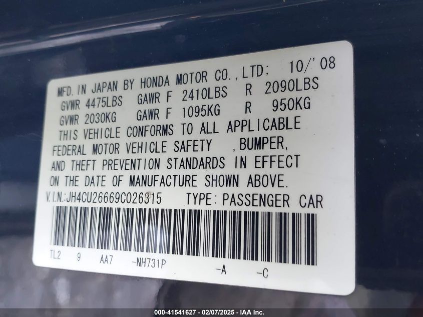 2009 Acura Tsx VIN: JH4CU26669C026315 Lot: 41541627