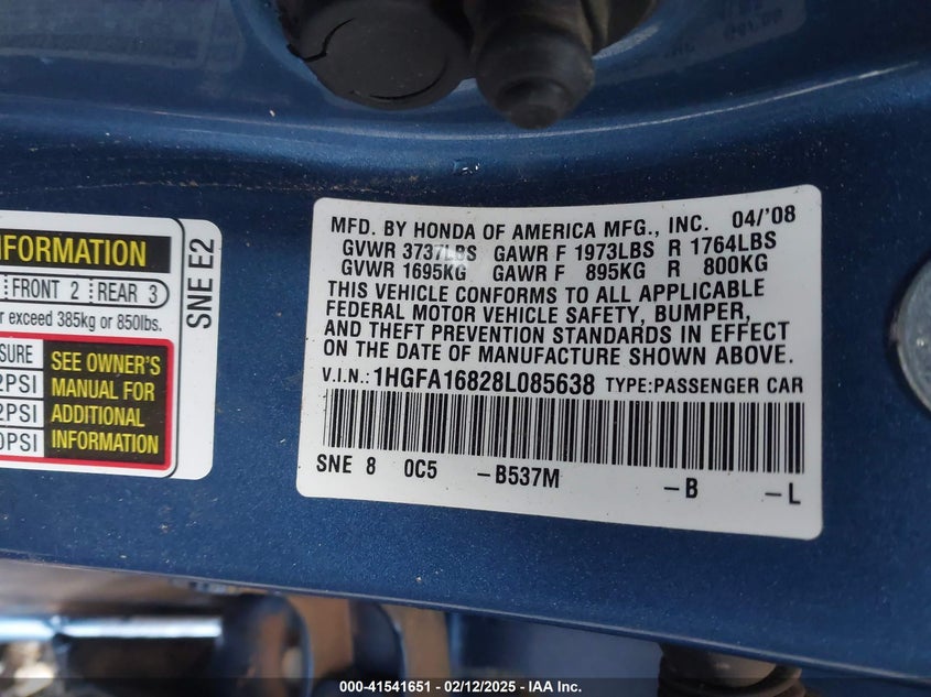 2008 HONDA CIVIC VIN: 1HGFA16828L085638