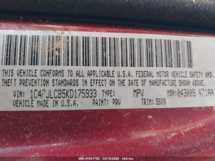 2019 Jeep Cherokee Latitude Fwd VIN: 1C4PJLCB5KD175933 Lot: 41541792