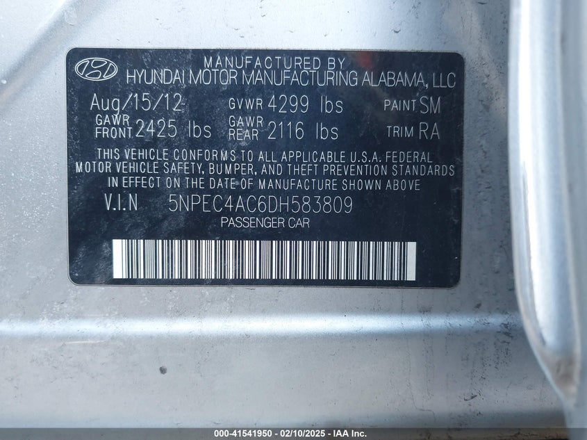 2013 HYUNDAI SONATA VIN: 5NPEC4AC6DH583809
