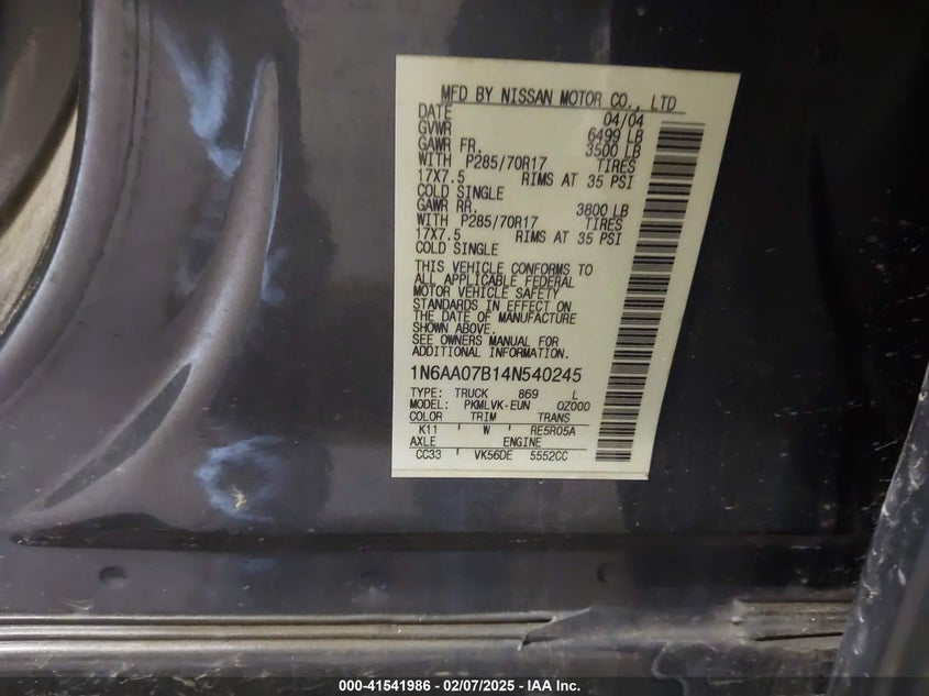 2004 Nissan Titan Le VIN: 1N6AA07B14N540245 Lot: 41541986